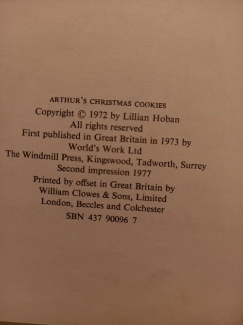 Arthur`s Christmas Cookies by Lillian Hoban (2nd impression 1977)